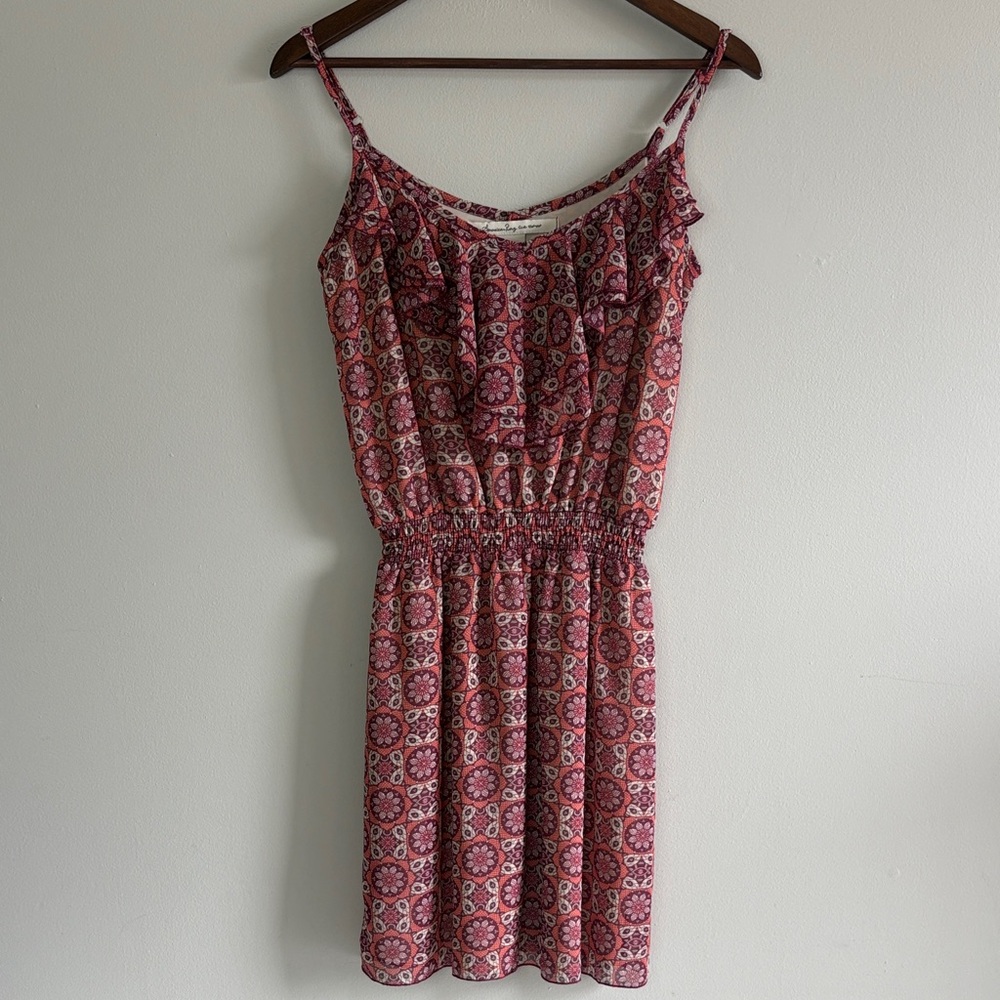 American Rag Boho Print Mini Dress XS Ruffle Front Elastic Waist Festival